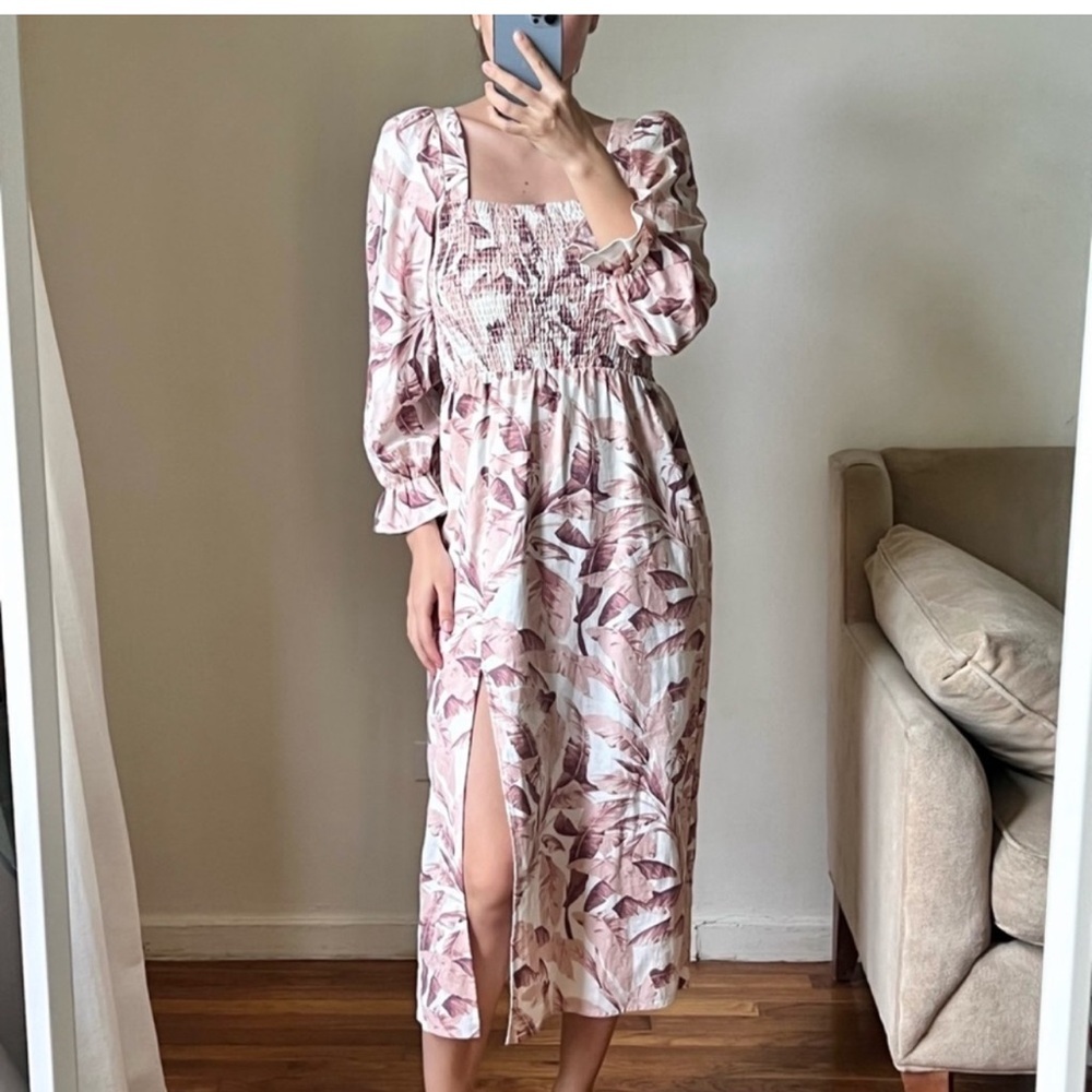 House of Harlow 1960 palm linen puff sleeve midi dress